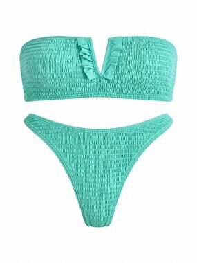 SHEIN Mint Green Smocked Bandeau Bikini Set Size Medium High Cut Ruched Swim